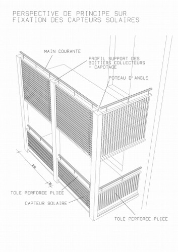 Perspective de principe des fixations des capteurs solaires en garde corps de balcon ou terrasse