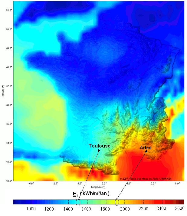 Energie radiative reçu pendant 1 an par une surface plane, d’une surface d’un m², perpendiculaire aux rayons du soleil