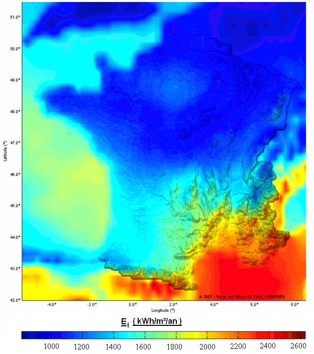 Energie radiative reçu pendant 1 an par une surface plane, d’une surface d’un m², perpendiculaire aux rayons du soleil