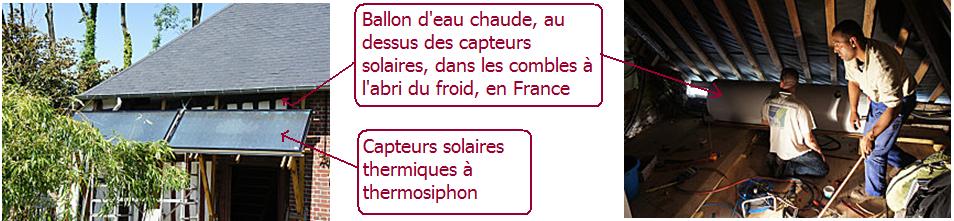 Installation solaire thermique à thermosiphon, en France, en brise-soleil avec ballon dans les combles